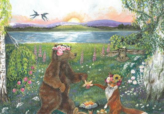Summer Solstice Dancing Bear and Fox A4 Print